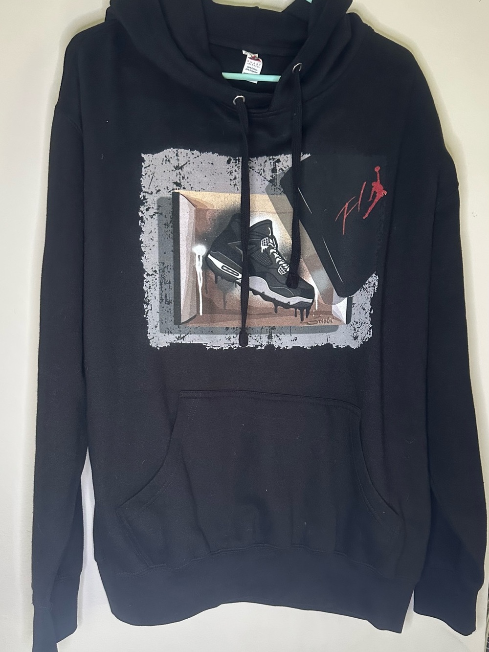 Men's Black Graphic Pullover Hoodie with Sneaker Artwork